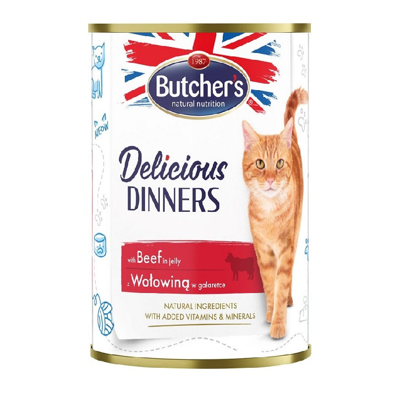 Butchers mitrā barība kaķiem delicious dinners ar liellopa gabaliņiem želejā, 400 g