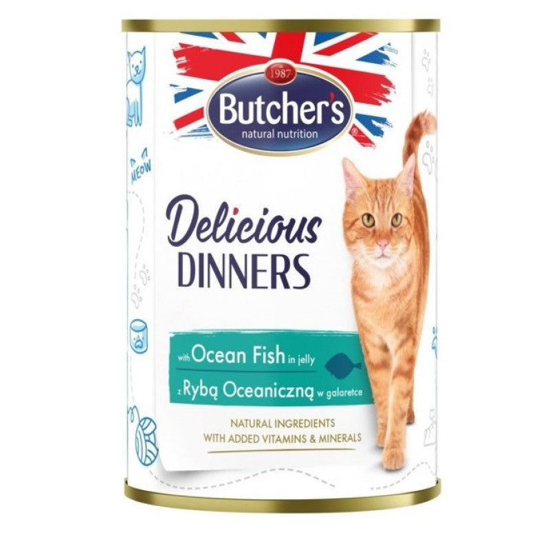 Butchers mitrā barība kaķiem delicious dinners ar okeāna zivis gabaliņiem želejā, 400 g
