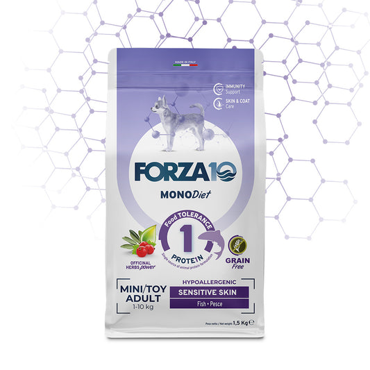 Forza10 Mini/Toy Adult Sensitive Skin Sausā barība suņiem ar zivi jūtīgai ādai, 1,5kg