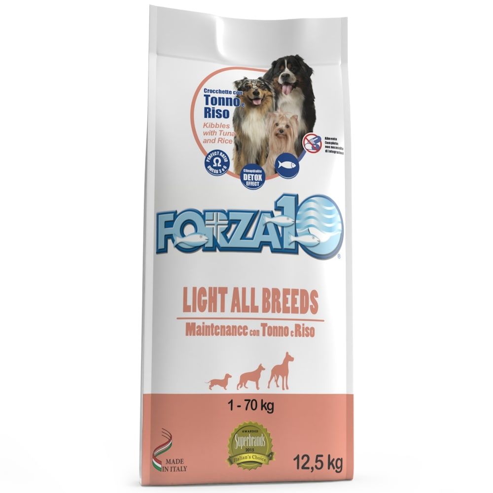 Forza10 Light All Breeds Maintenance Sausā barība pieaugušiem suņiem ar tunci un rīsiem, 12,5kg