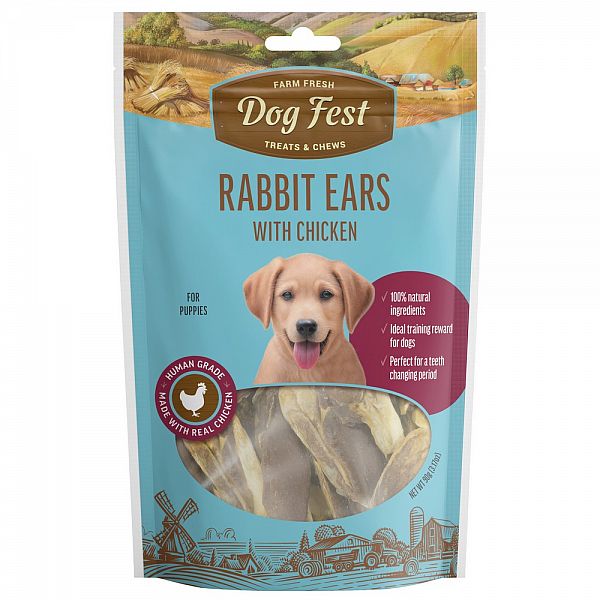 Oreilles de lapin Dogfest avec friandises au poulet pour tous les chiens et également pour chiots, 90 g.