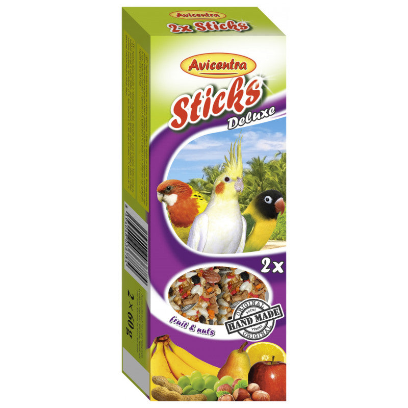 Papildbarība putniem – Avicentra Sticks fruit, nutty for small parrots, 2 x 60 g