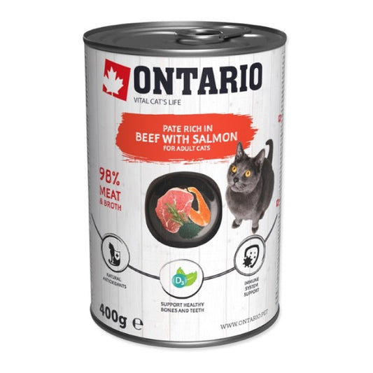 Ontario can Mitrā barība kaķiem ar Liellopu un Lasi aromatizēta ar Spirulinu, 400g