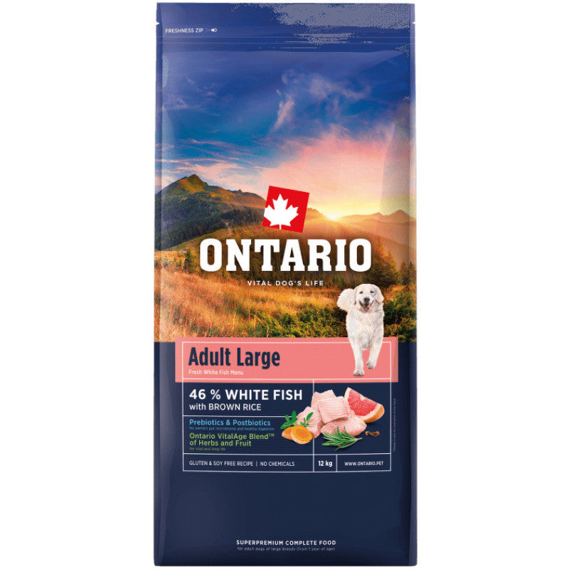 Ontario Dog Adult Large Dry Dog Food with Fish and Rice, 12 kg