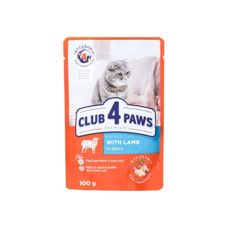 CLUB 4 PAWS Premium Mitrā barība kaķiem ar jēru mērcē, 100g 