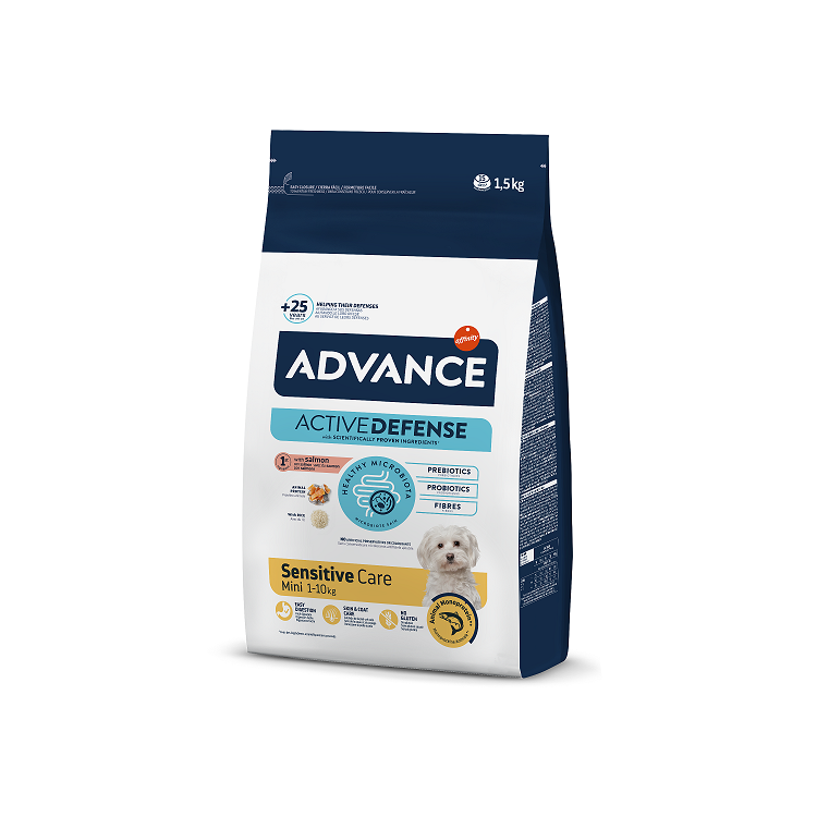 Advance Dog Mini Adult Sensitive Sausā barība maza izmēra jūtīgiem suņiem ar lasi un rīsiem, 1.5kg