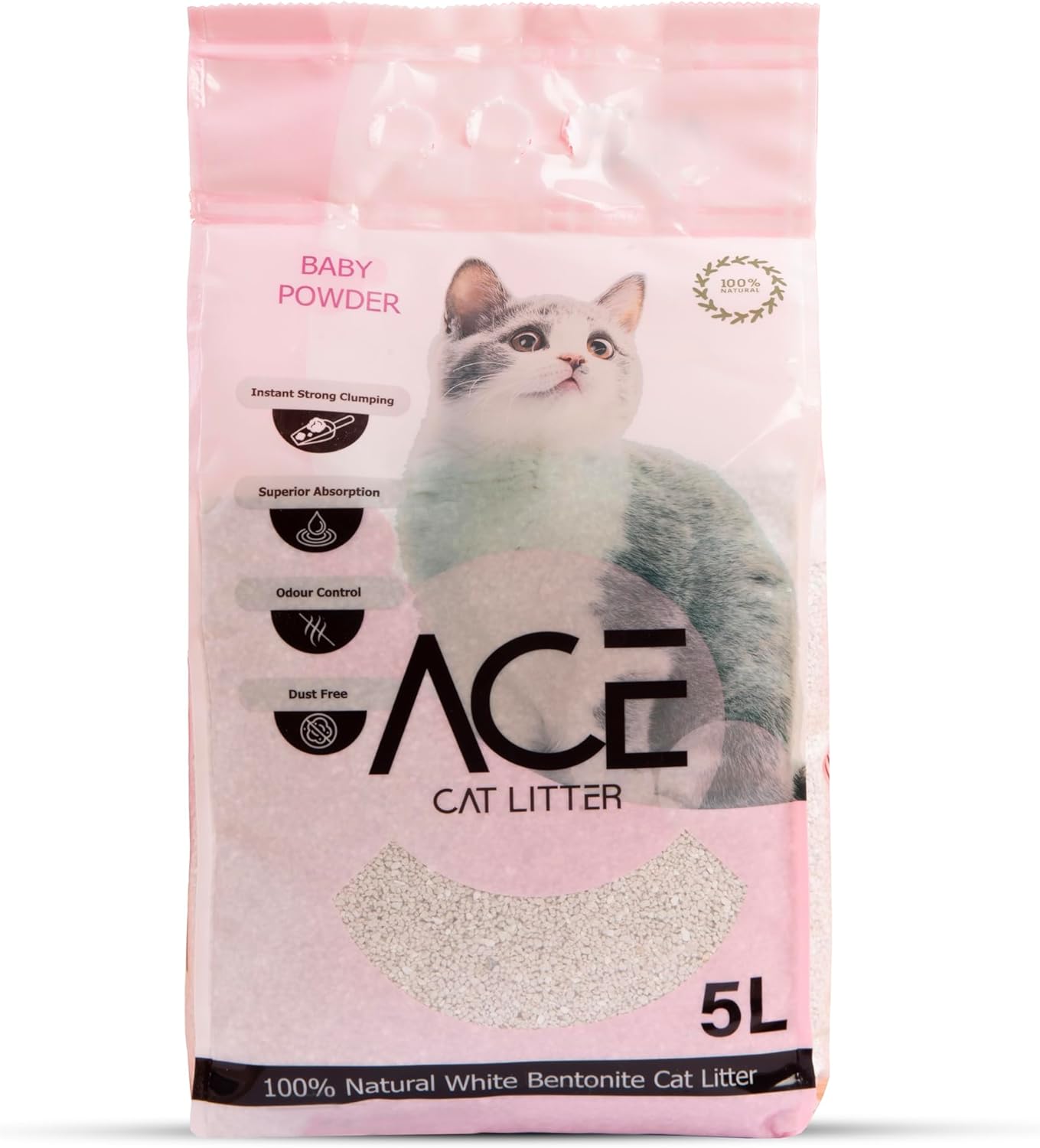 ACE Baby Powder CAT LITTER 5 LT - cementējošās smiltis kaķu tualetei ar bērnu pūderi 5 L