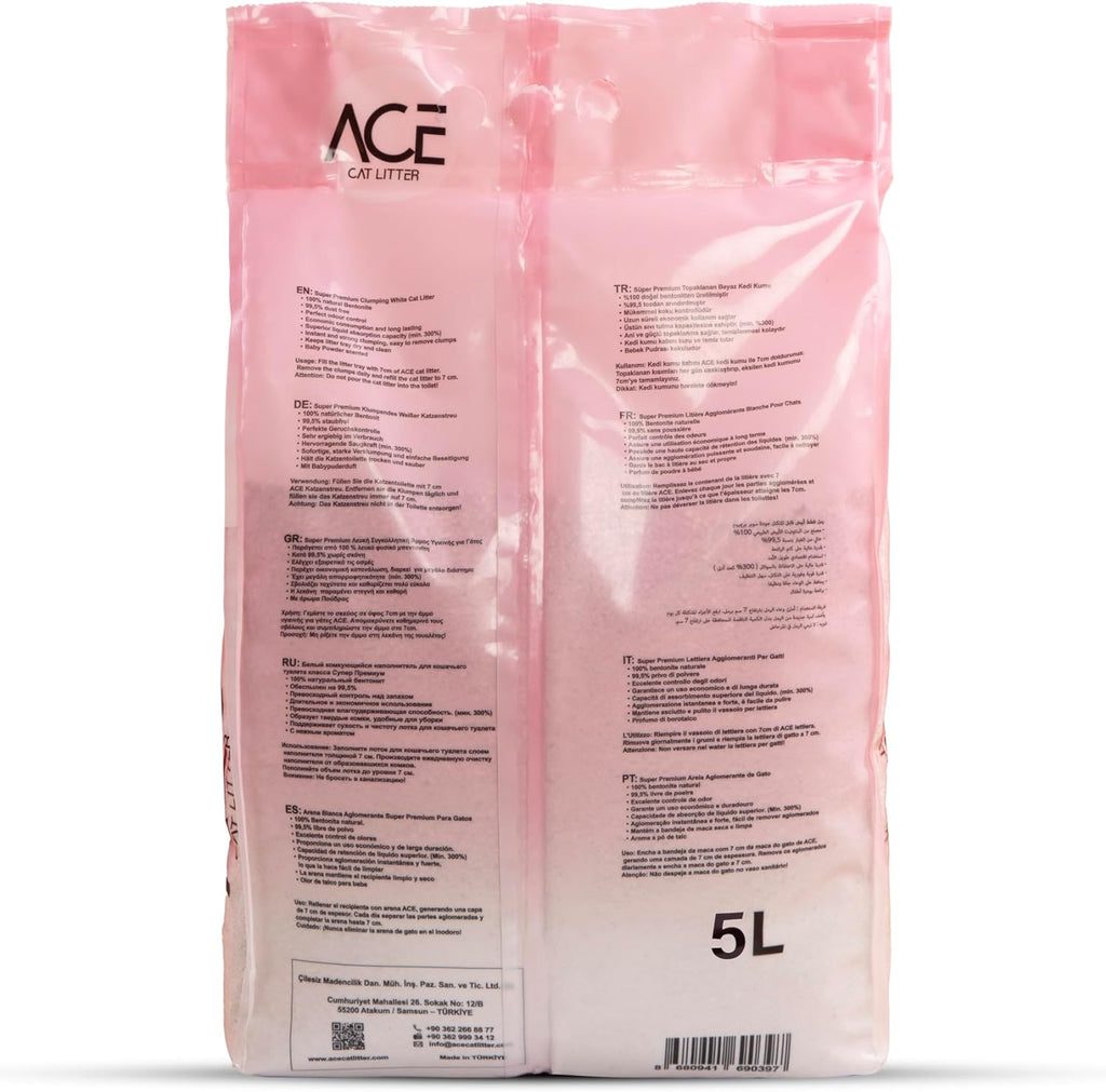 ACE Baby Powder CAT LITTER 5 LT - cementējošās smiltis kaķu tualetei ar bērnu pūderi 5 L