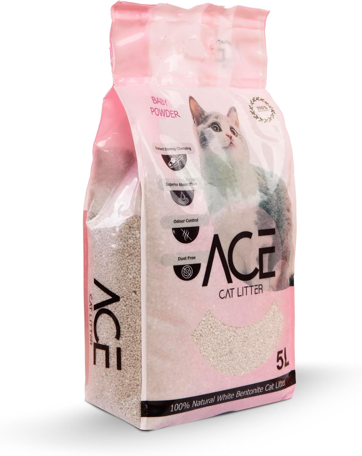 ACE Baby Powder CAT LITTER 5 LT - cementējošās smiltis kaķu tualetei ar bērnu pūderi 5 L