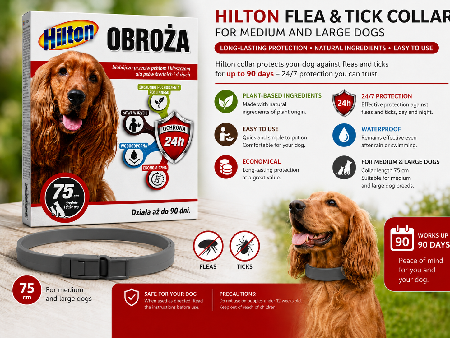Collar antipulgas y antigarrapatas Hilton para perros, 75 cm