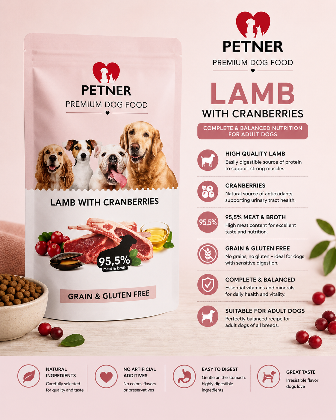 Petner Wet Dog Food With Lamb and Cranberries, 500g