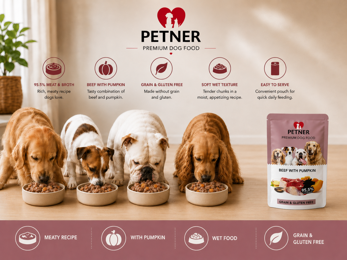 Petner Wet Dog Food With Beef and Pumpkin, 500g