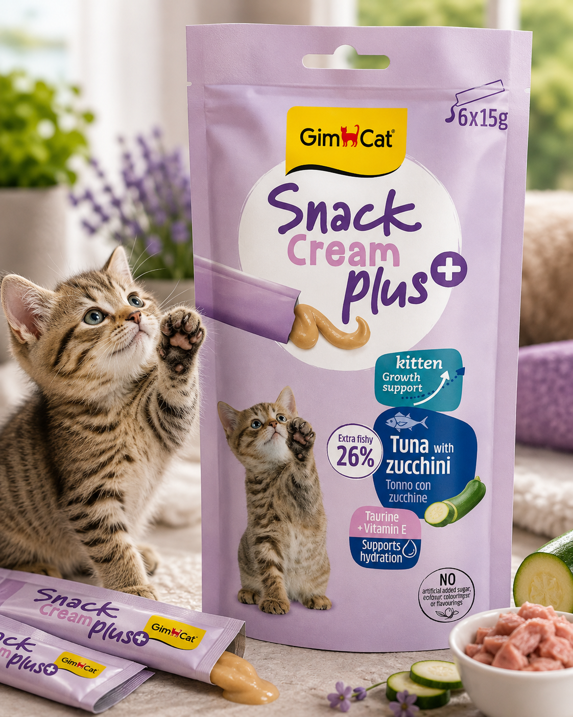 Gardumi kaķiem - GimCat SNACK CREAM plus+ Kitten TUNA & ZUCCHINI 6x15g