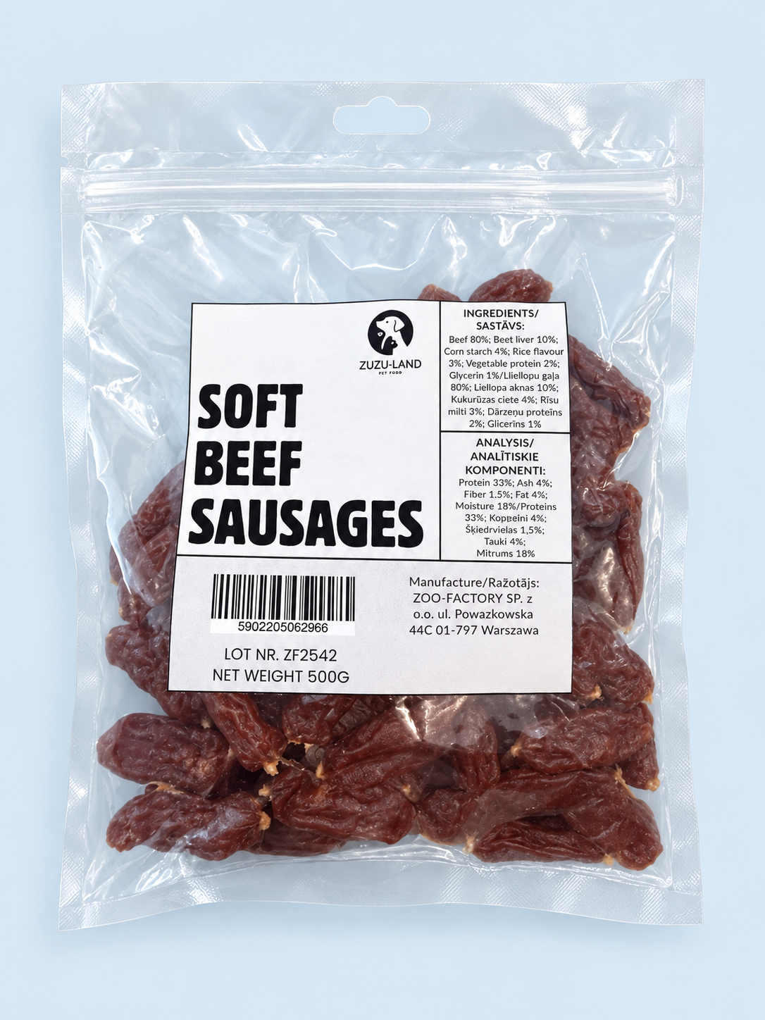 ZuZu.land Soft Beef Sausages, Dog Treats, 500g