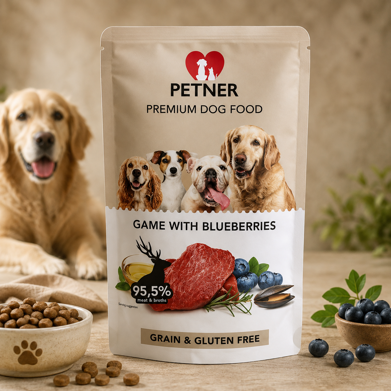 Petner Wet Dog Food With Game and Blueberries, 500g