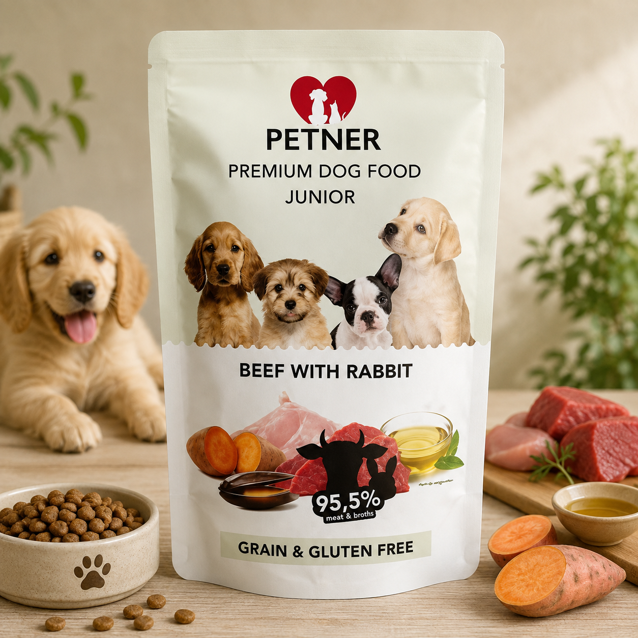 Petner Mitrā barība kucēniem ar liellopu un trusi, 500g