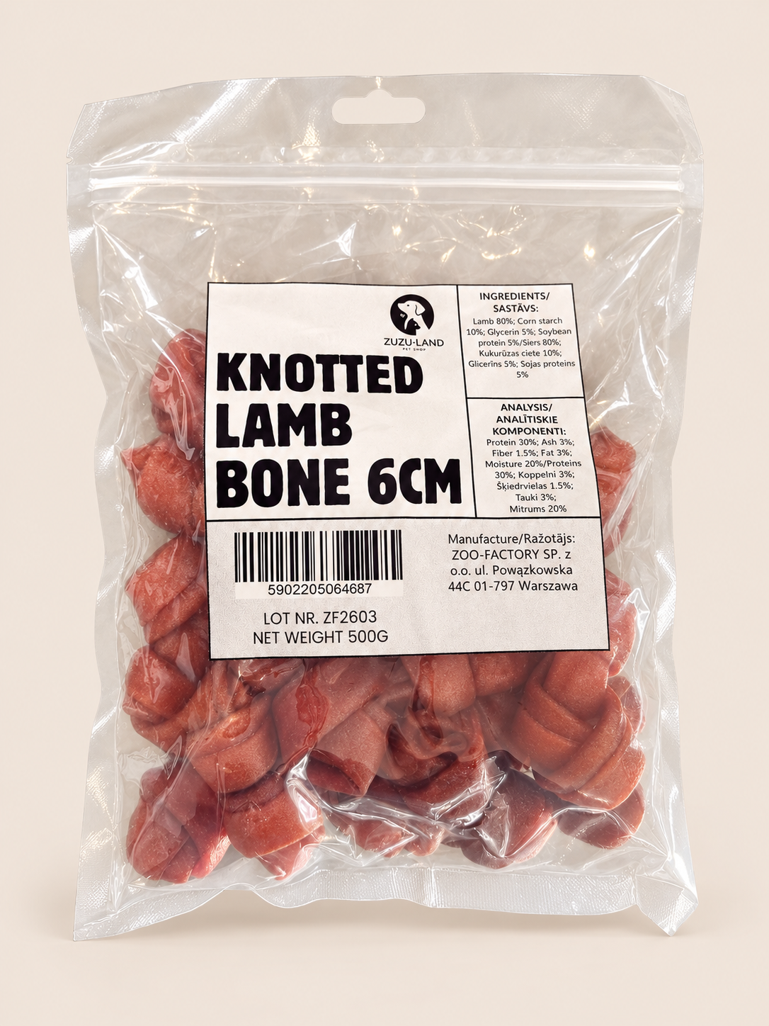 ZuZu.land Jēra bantītes, kārumi suņiem 6cm, 500g