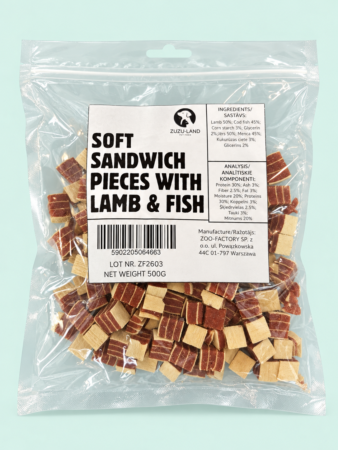 ZuZu.land Soft Sandwich Pieces With Lamb & Fish, Dog Treats, 500g