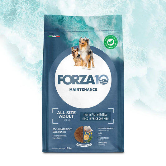 Forza10 All Breeds Adult Maintenance Sausā barība pieaugušiem suņiem ar zivi un rīsiem, 12kg