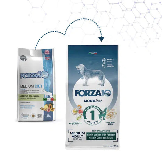 Forza10 MonoDiet Medium Adult ar briedi un kartupeļiem sausā barība suņiem, 1,5kg