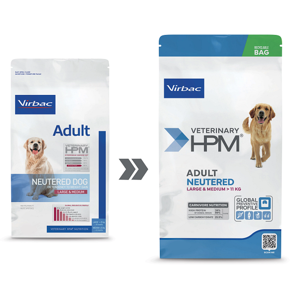 Virbac HPM Adult Kastriertes Hundefutter für große und mittelgroße Hunde mit Schweinefleisch, 3 kg
