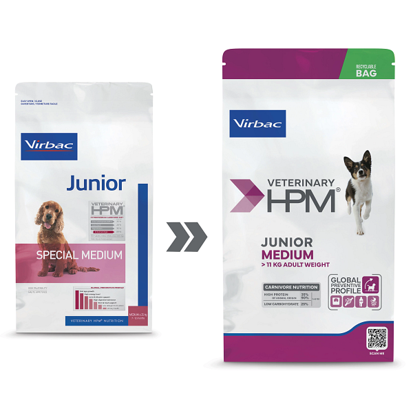 Virbac HPM Junior Dog Special Medium Trockenfutter für Hunde mit Schweinefleisch, 3 kg