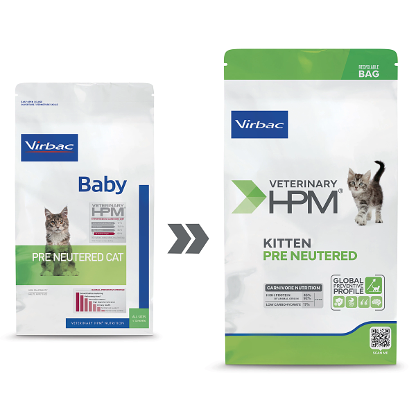Virbac HPM Cat Baby Pre Neutered Sausā barība kaķēniem ar cūkgaļu, 3kg