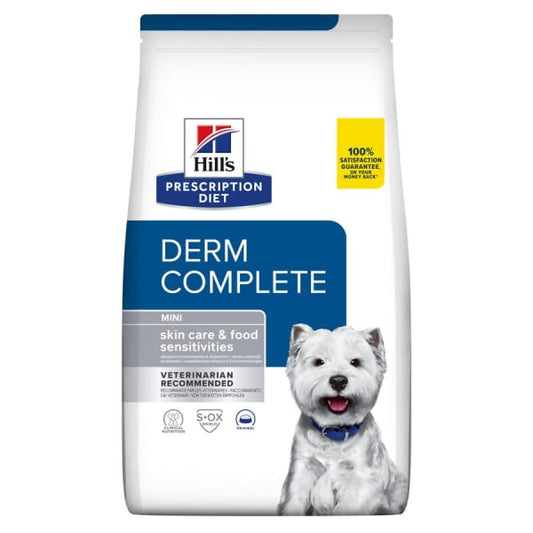 Hill's Prescription Diet Derm Complete Mini Skin Care & Food Sensitivities Sausā barība maza izmēra suņiem ar olām ādas un spalvas veselībai, 1kg