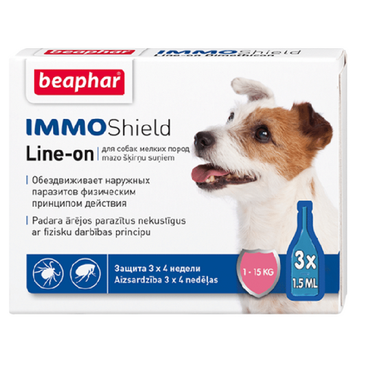 Beaphar Tratamiento contra pulgas y garrapatas IMMO Shield Line-on para perros de razas pequeñas 1-15 kg, 3 pipetas * 1,5 ml