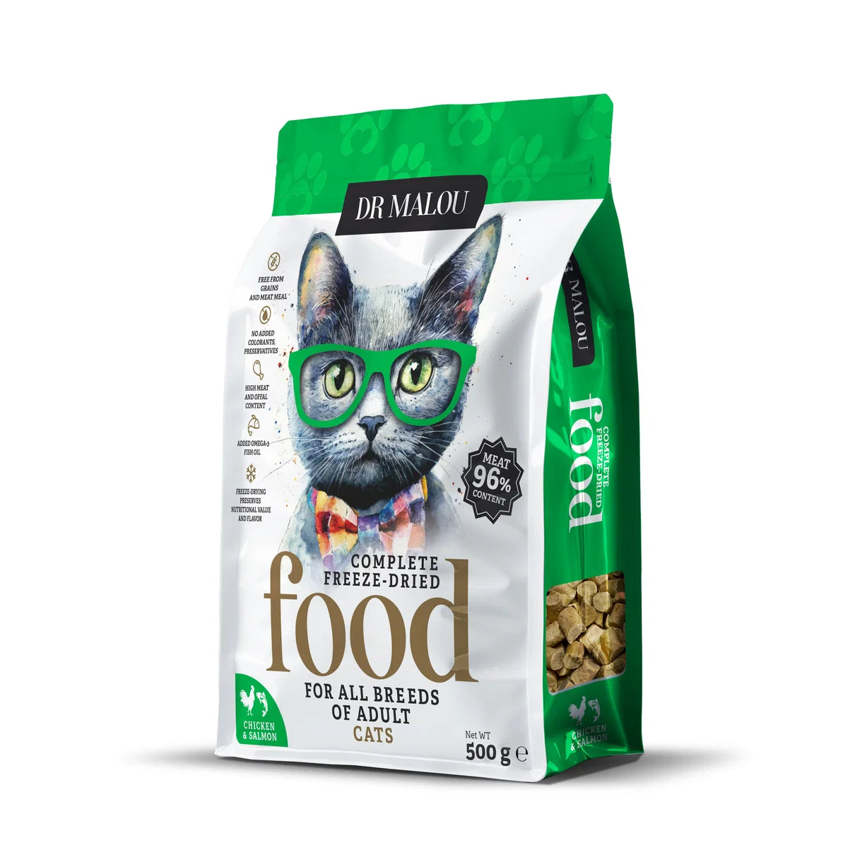 Dr Malou Freeze-Dried Cat Food with Chicken & Salmon for Adult Cats, 500 g