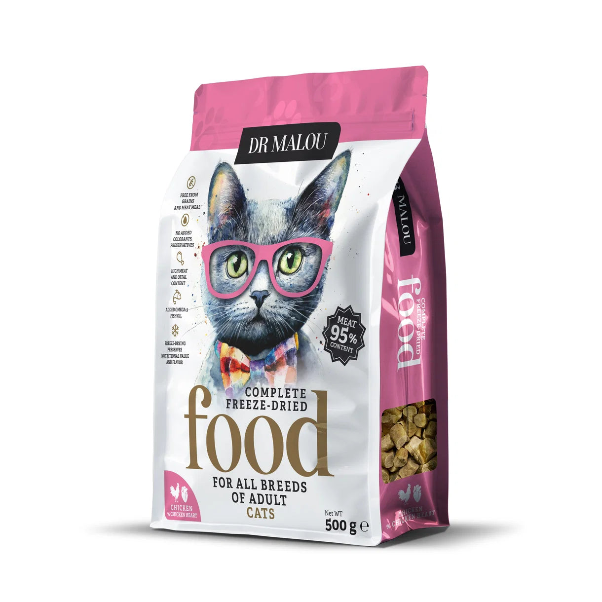 Dr Malou Freeze-Dried Cat Food with Chicken & Chicken Hearts for Adult Cats, 500 g
