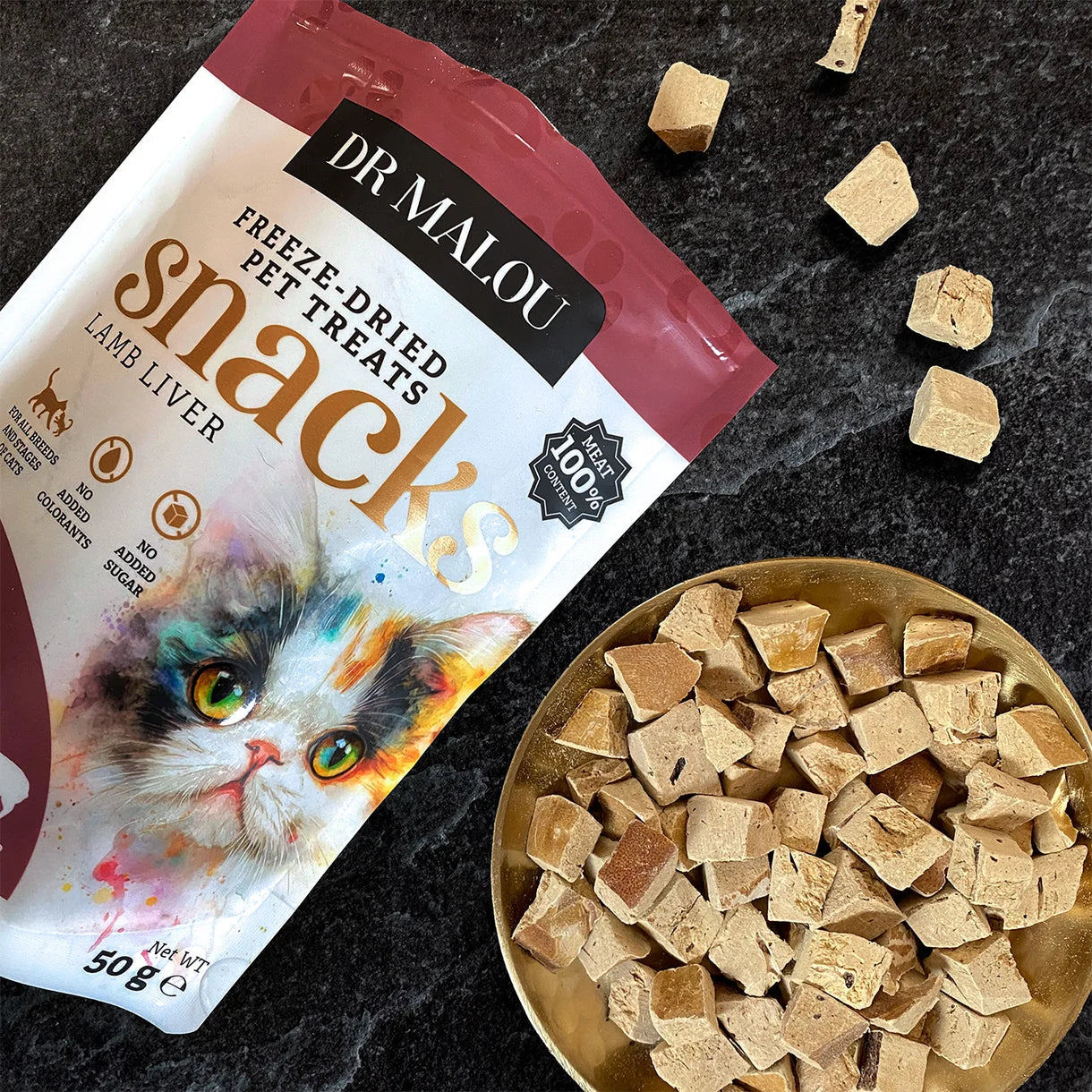 Dr Malou Freeze-Dried Meat Cubes kaķiem ar jēra aknām , 50 g