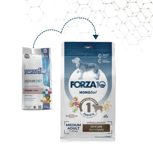 Forza10 MonoDiet Medium Diet Sausā barība vidēja izmēra suņiem ar jēru, 1,5kg