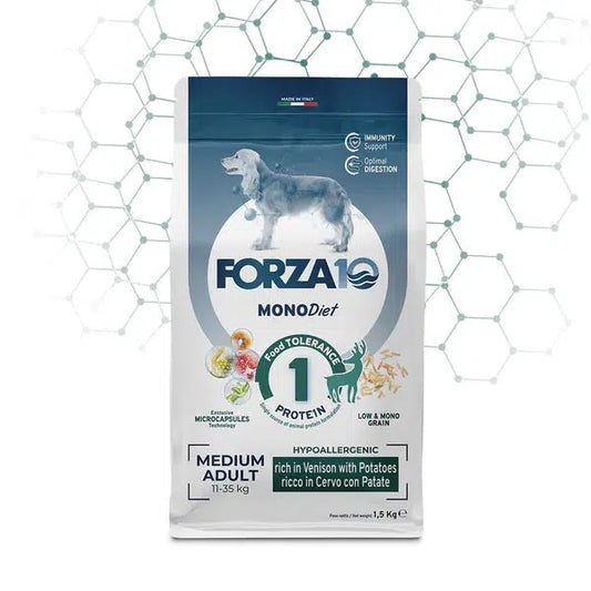 Forza10 MonoDiet Medium Adult ar briedi un kartupeļiem sausā barība suņiem, 1,5kg