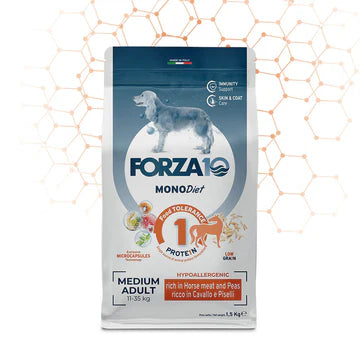 Forza10 MonoDiet Medium Diet ar zirgu un zirņiem sausā barība suņiem 1,5kg