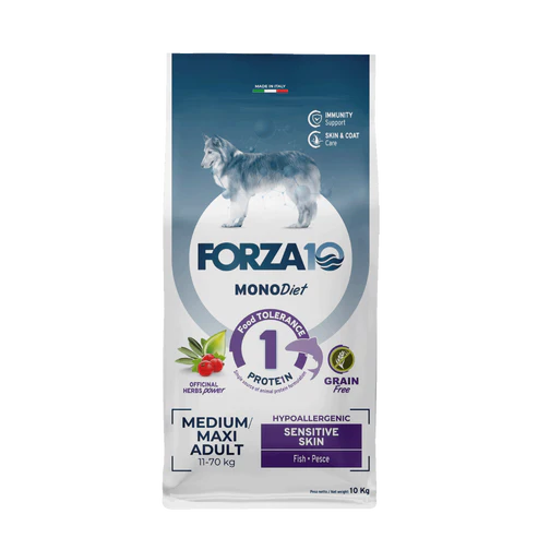 Forza10 MonoDiet Sensitive Skin Medium/Maxi Adult Sausā barība suņiem ar anšoviem, 10kg