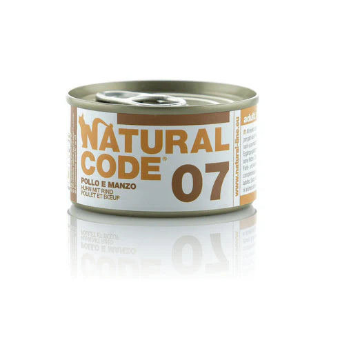 Natural Code 07 Mitrā barība kaķiem ar vistu un liellopu, 85g