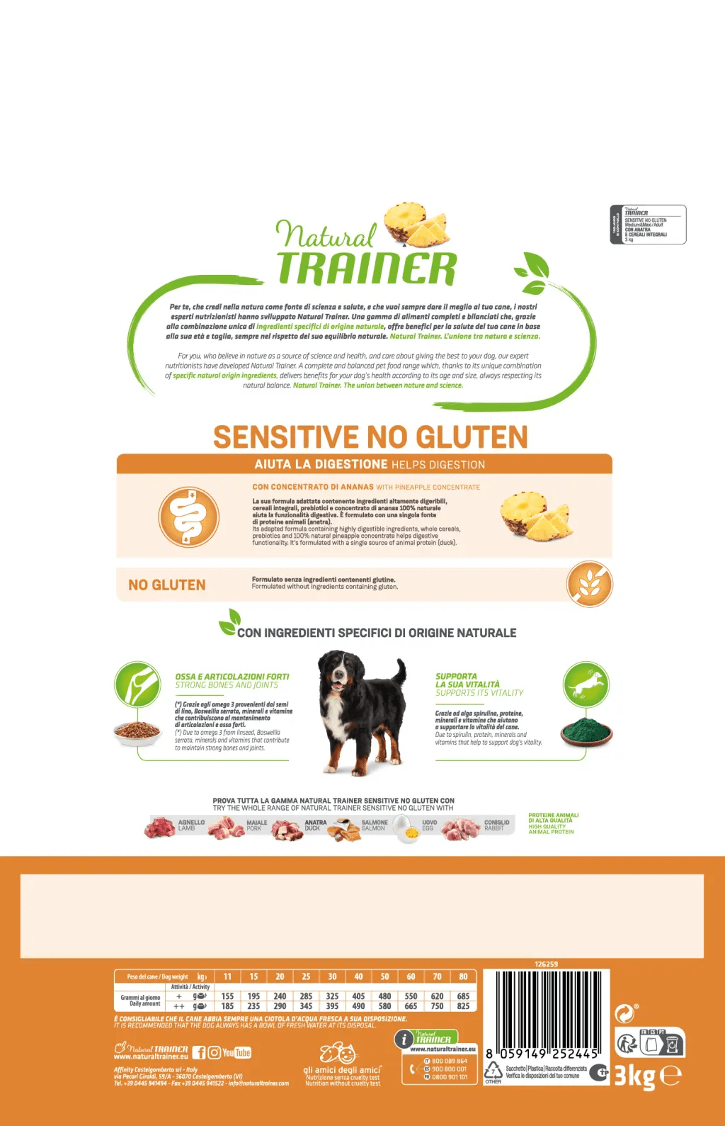 Natural Trainer Sensitive Dry Dog Food For Medium and Maxi Adult Breed - Duck, Grain Free, Gluten Free, 3kg