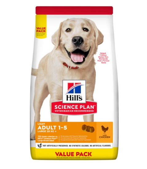 Hill's Science Plan Light Alimento seco para perros adultos de razas grandes con pollo, 18 kg