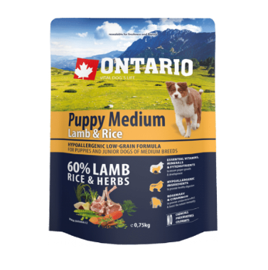 Ontario Dry Dog Food Puppy Medium Lamb and Rice, 0.75 kg