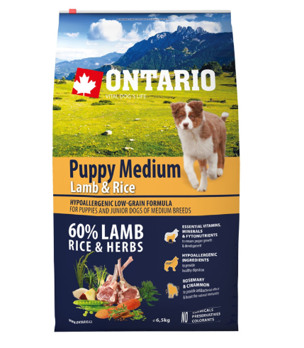 Ontario Dry Dog Food Puppy Medium Lamb and Rice, 6.5 kg