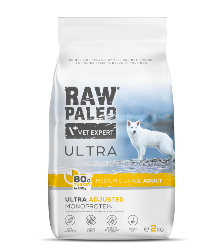 Vet Expert Raw Paleo Ultra mit Pute für erwachsene Hunde mittelgrosser und grosser Rassen, Trockenfutter 2 kg
