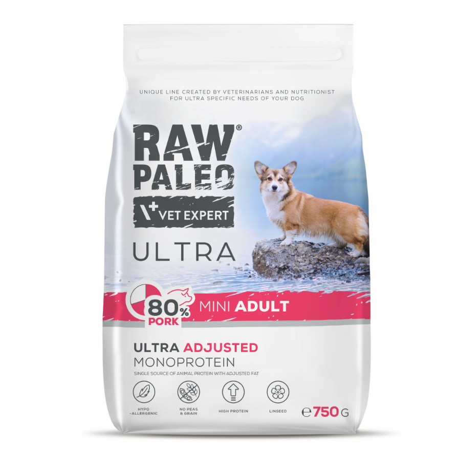Vet Expert Raw Paleo Ultra mit Schwein für erwachsene Hunde kleiner Rassen, Trockenfutter 2 kg