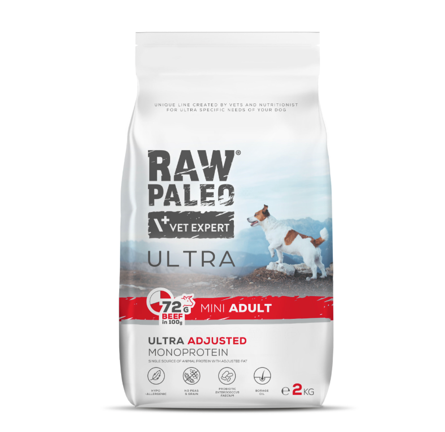 Vet Expert Raw Paleo Ultra mit Rind für erwachsene Hunde kleiner Rassen, Trockenfutter 2kg