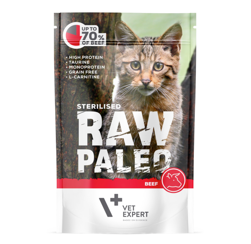 Vet Expert Raw Paleo mit Rind für sterilisierte erwachsene Katzen Nassfutter 100 g