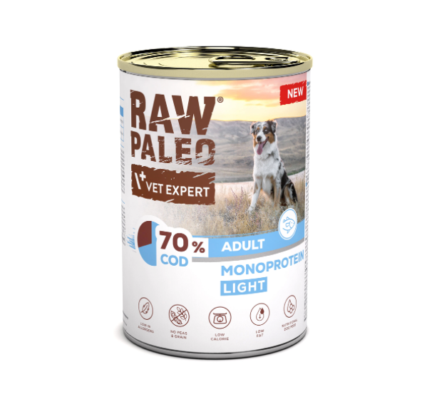 Vet Expert Raw Paleo Light mitrā barība suņiem ar mencu, 400g