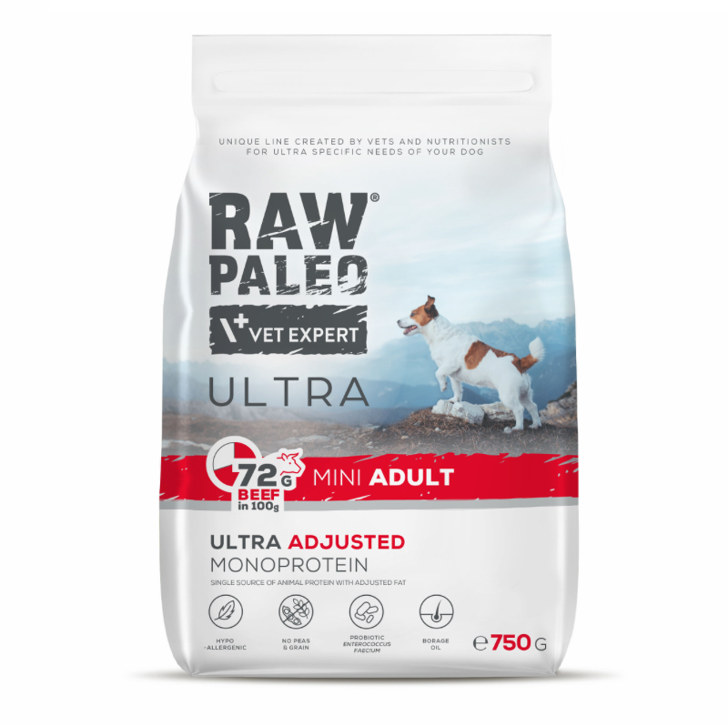 Vet Expert Raw Paleo Ultra sausā barība suņiem ar liellopu maza izmēra suņiem, 750g