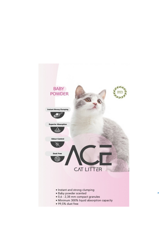 ACE Baby Powder CAT LITTER 20 L - cementējošās smiltis kaķu tualetei ar bērnu pūderi 20 L