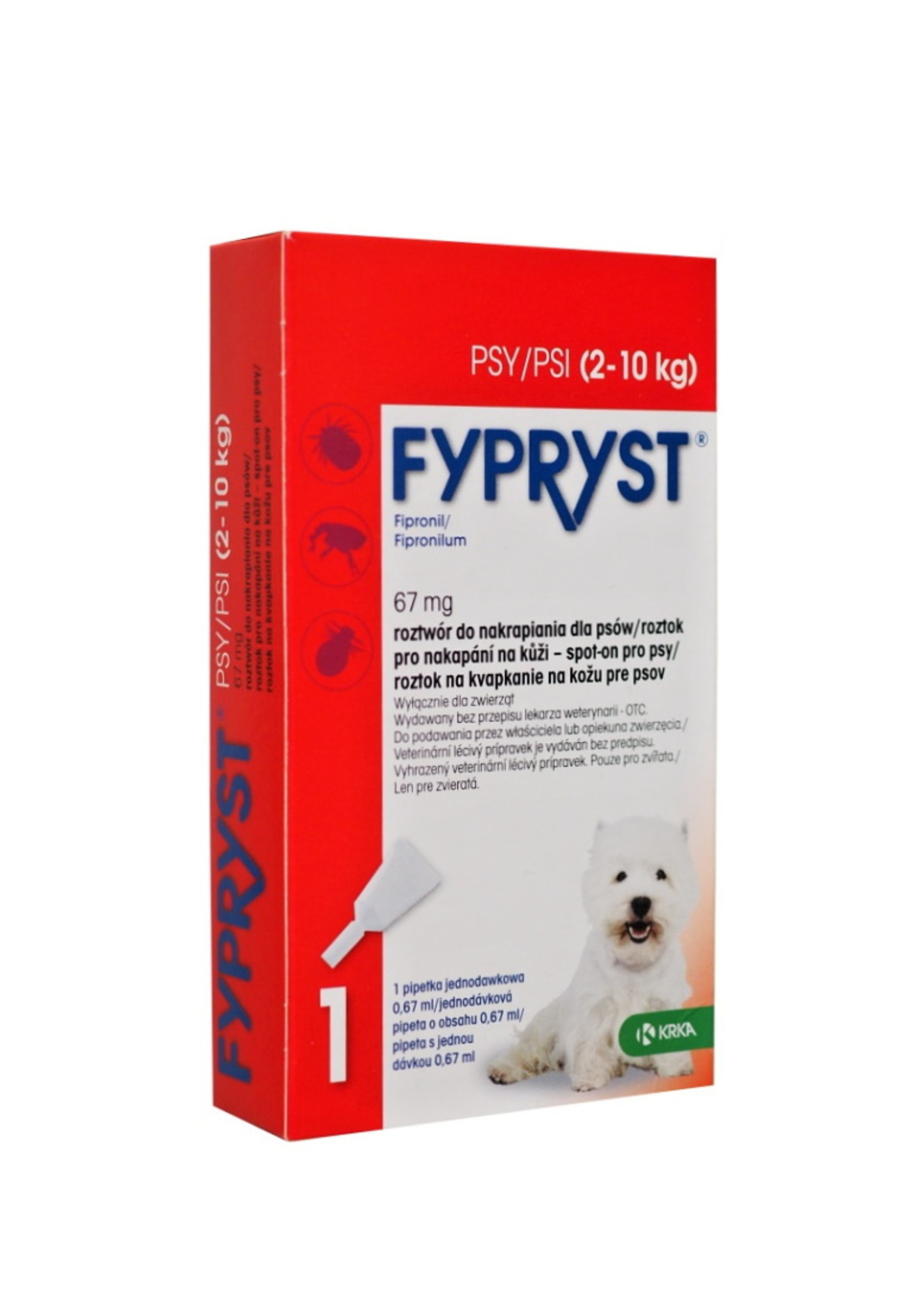 KRKA Fypryst 67 mg Tratamiento puntual y prevención de infestaciones por pulgas y garrapatas en perros, 2-10 kg