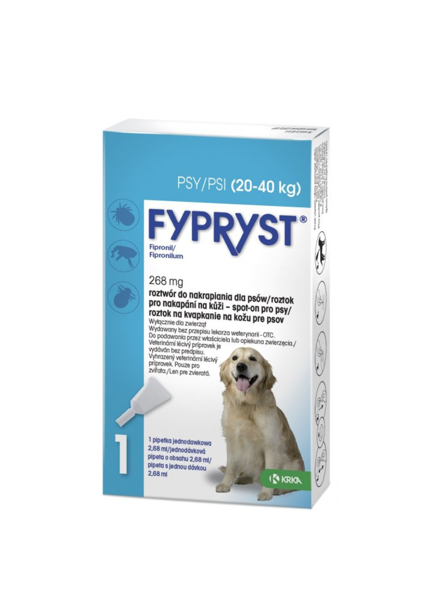 KRKA Fypryst 268 mg zum Auftropfen. Behandlung und Vorbeugung von Floh- und Zeckenbefall bei Hunden, 20–40 kg
